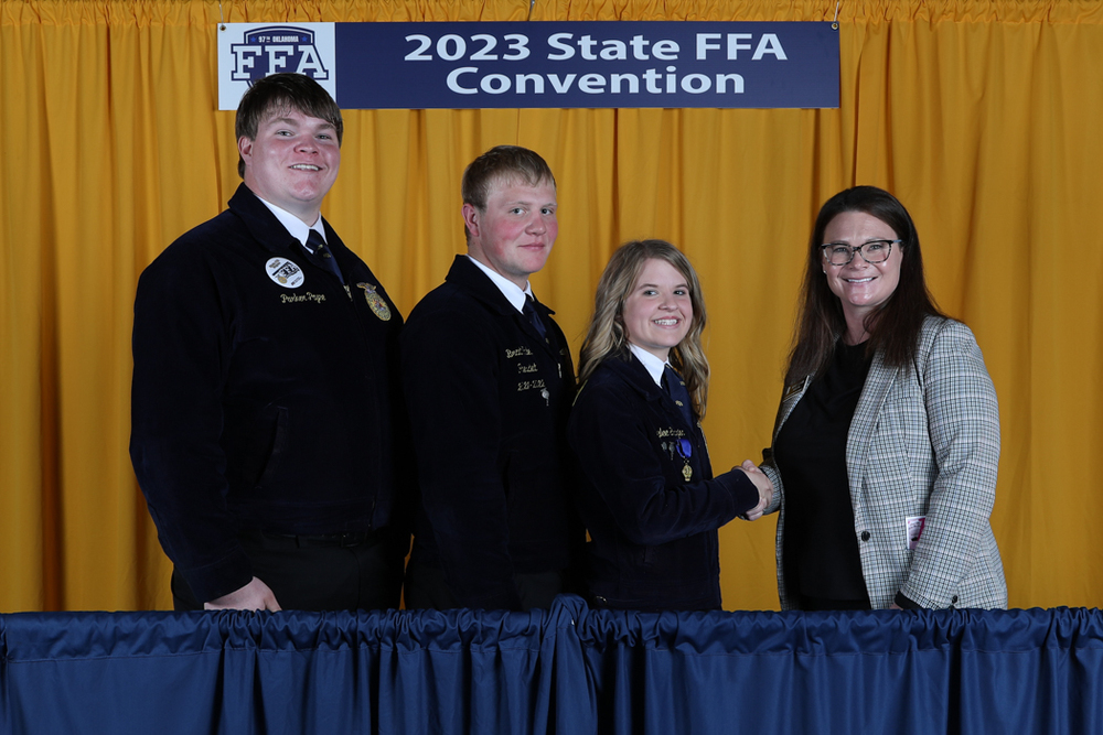 Brant Failes (second from left) of the Cherokee FFA Chapter captured first-place honors in the 2023 Oklahoma FFA Diversified Agricultural Production State Proficiency Award area. 