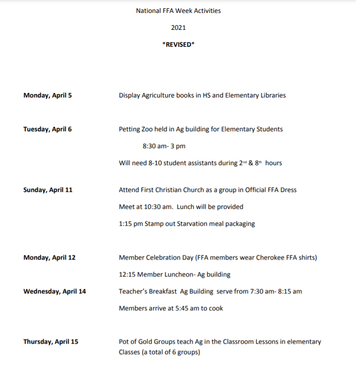 National FFA Week Schedule