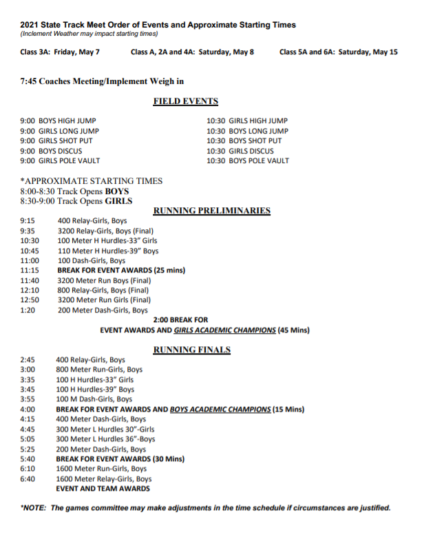 State Track Schedule