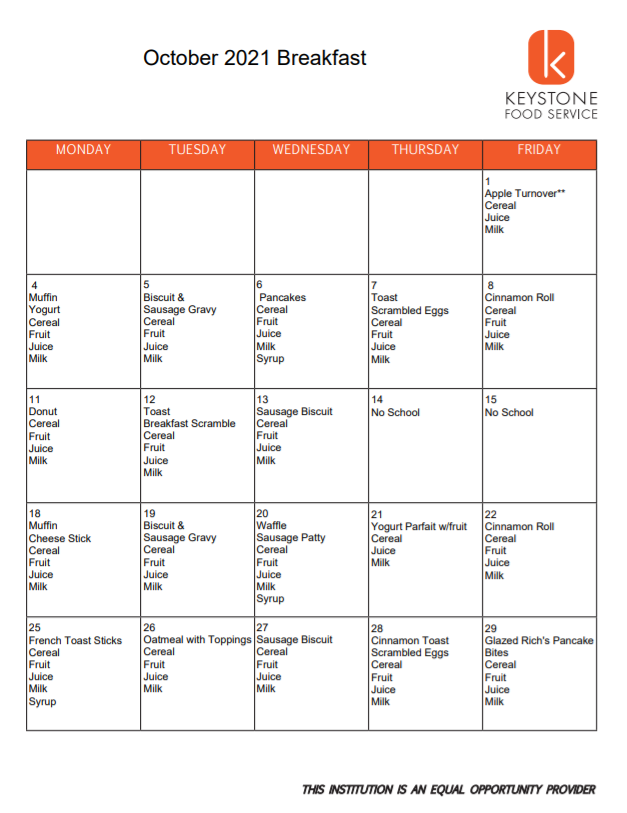 October Breakfast Menu