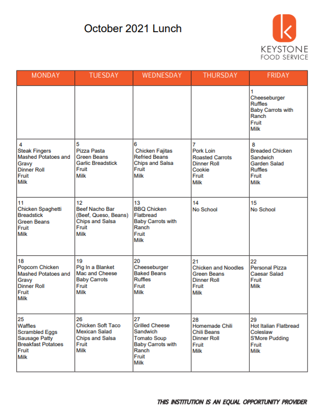 October Lunch Menu