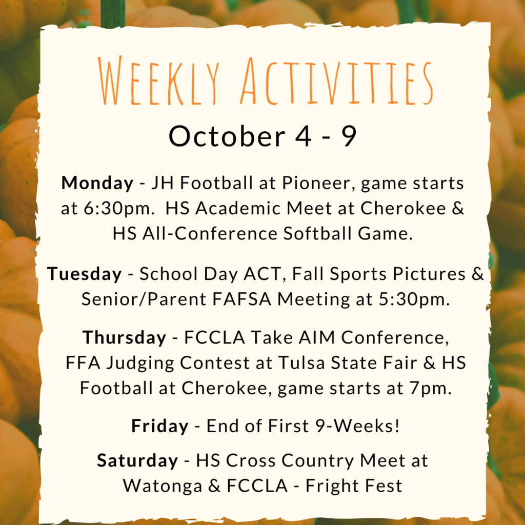 Weekly Activities - October 4 - 9
