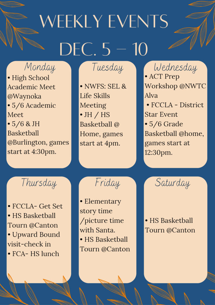 Weekly Activities for Dec 5-10