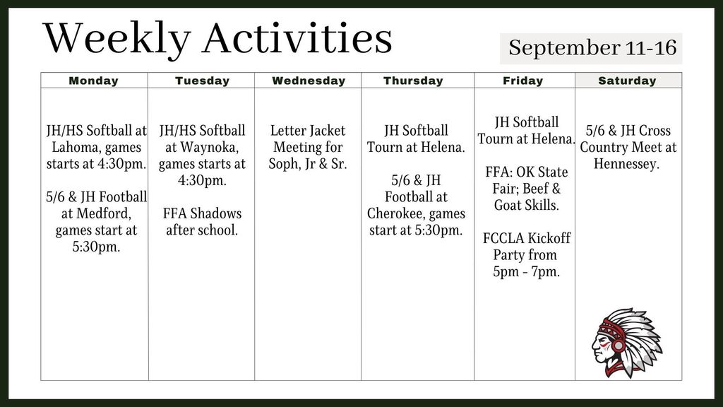 Weekly Activities for Sept 11-16