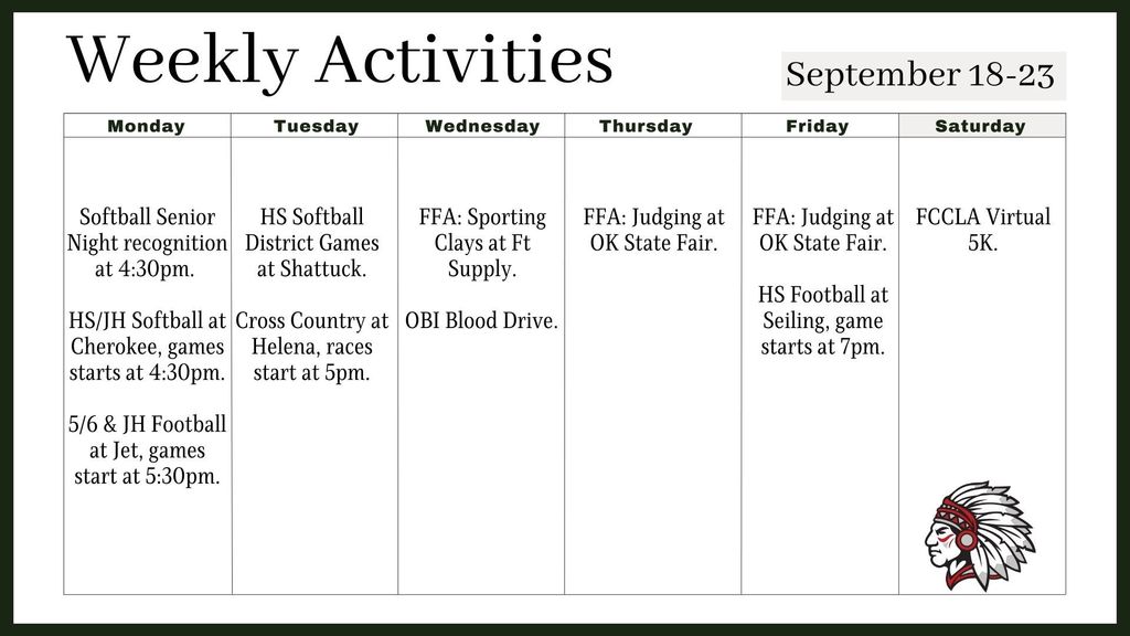 Weekly Activities Sept 18-23